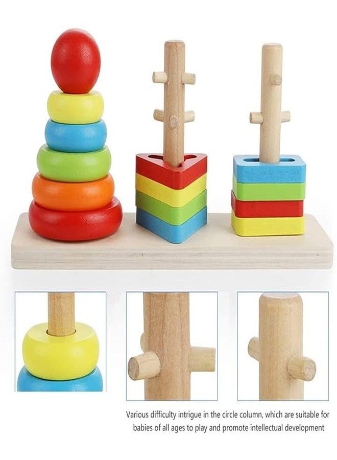 CLAPONE Wooden Rainbow Rings Tower Geometric Shape Recognition, Sorting, Stacking and Plugging; Stacker Building Educational Learning Toy Game for 3 4 5 Years Old Toddlers(14 Pieces) - Image 3